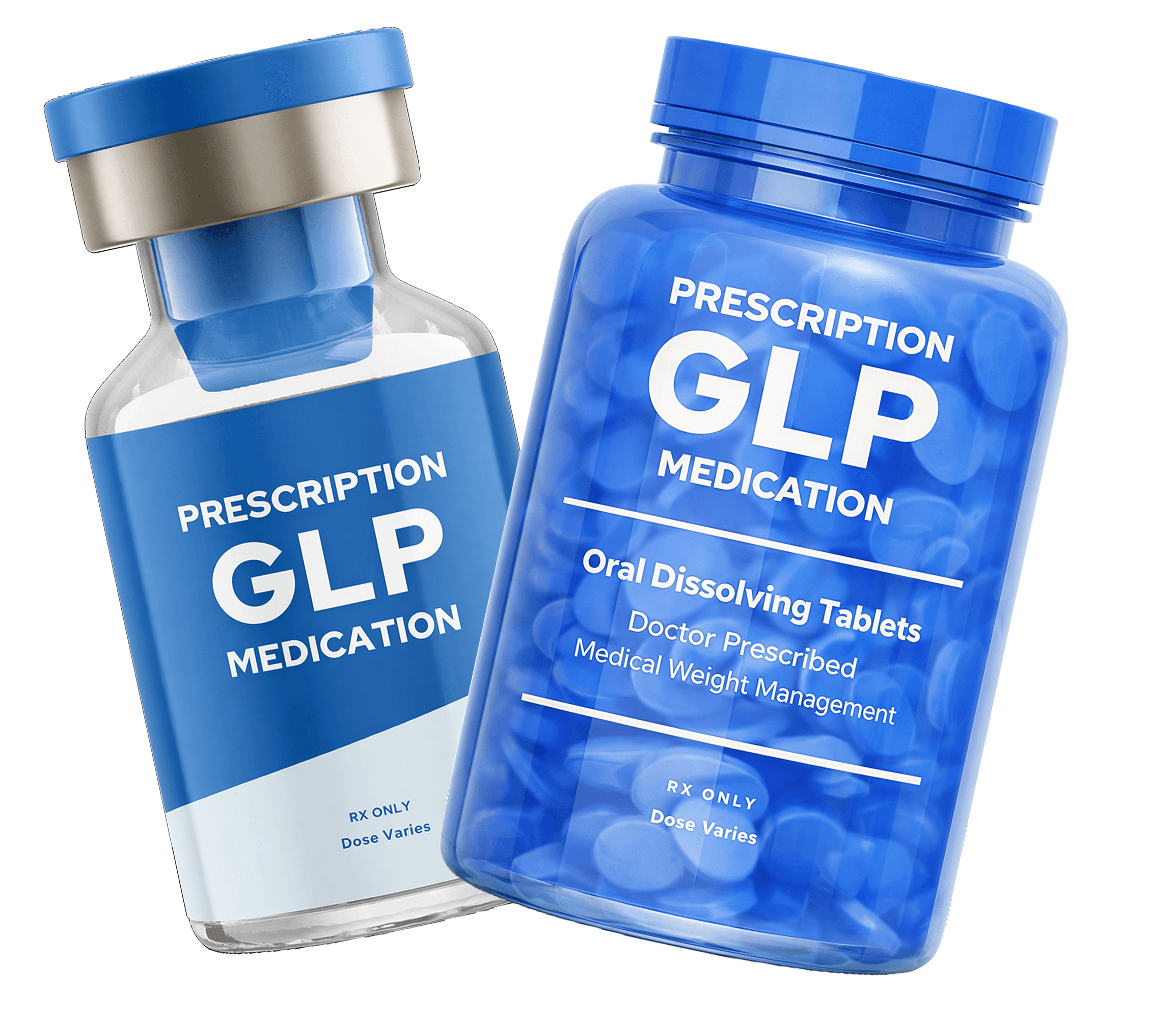 ZIVOLABS prescription GLP medication — vial (weekly injection) and bottle (daily oral dissolving tablets)